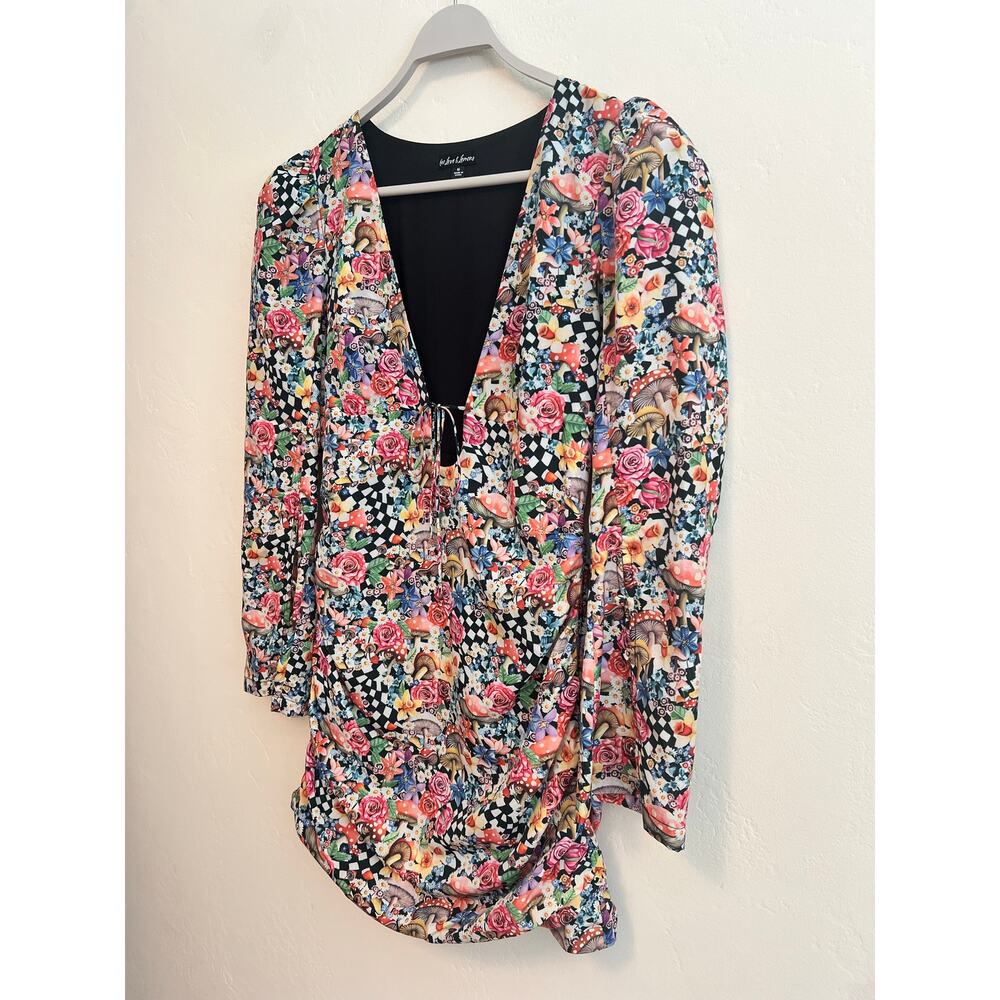For Love & Lemons June Bell Sleeve Checkered Floral Print Mini Dress Size Medium - Picture 5 of 8